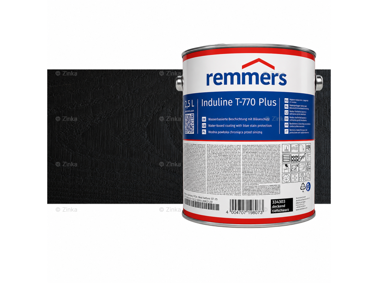 Verpakking Remmers Induline T-770 Plus zwart – kleurloze houtcoating voor buitengebruik, verkrijgbaar bij Bouwbescherming Webshop