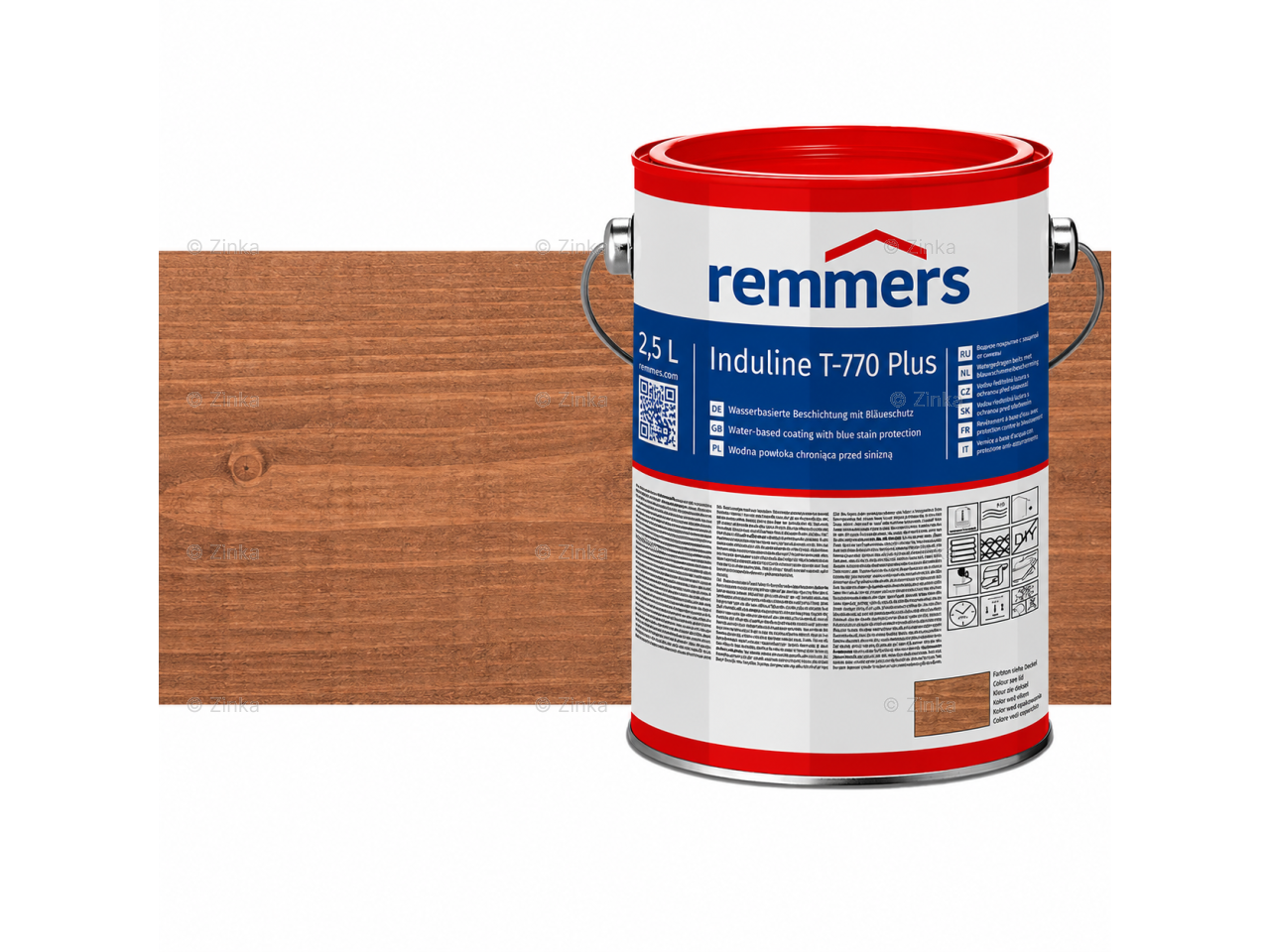 Verpakking Remmers Induline T-770 Plus noten – kleurloze houtcoating voor buitengebruik, verkrijgbaar bij Bouwbescherming Webshop