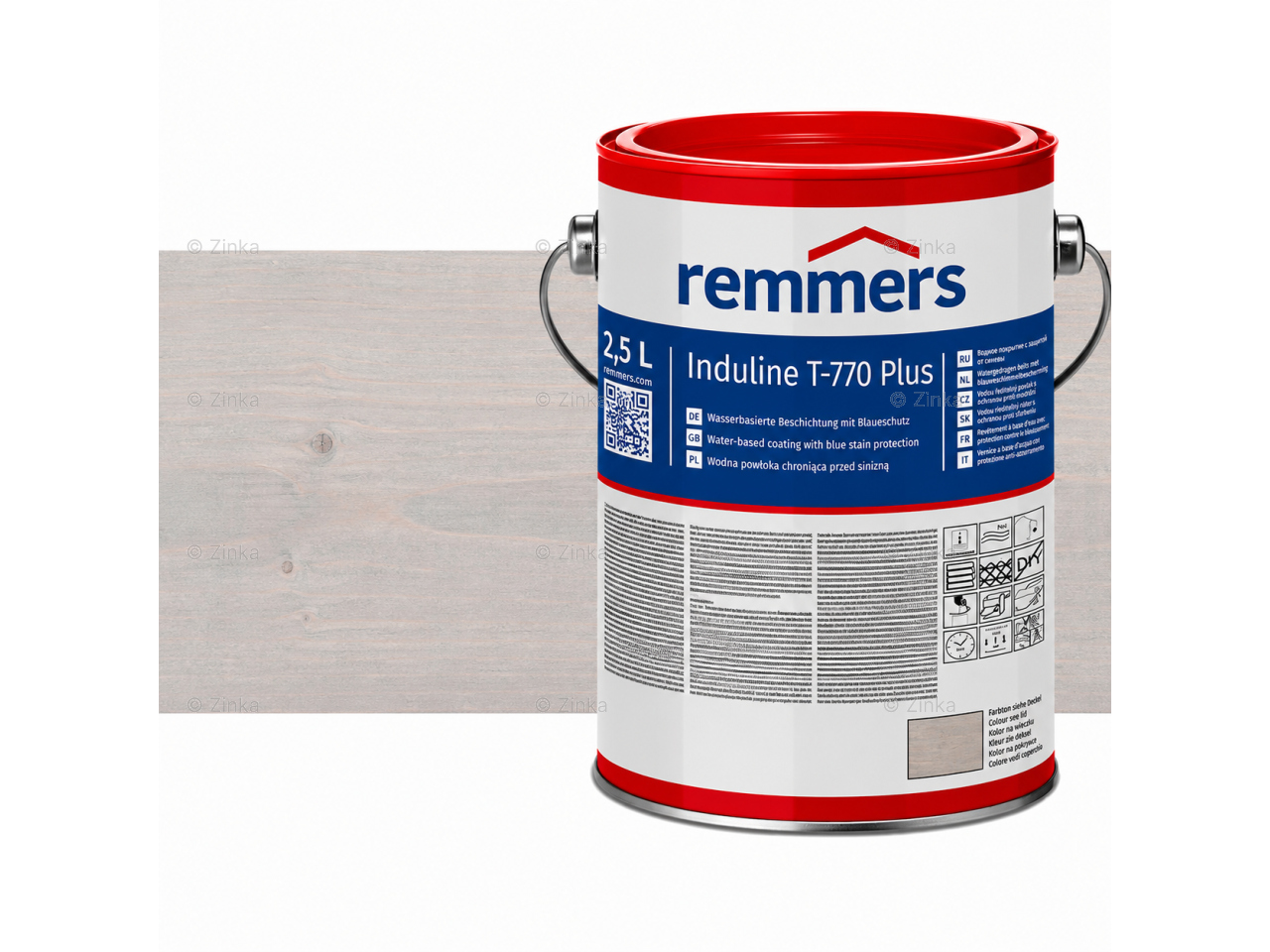Verpakking Remmers Induline T-770 Plus venstergrijs – kleurloze houtcoating voor buitengebruik, verkrijgbaar bij Bouwbescherming Webshop