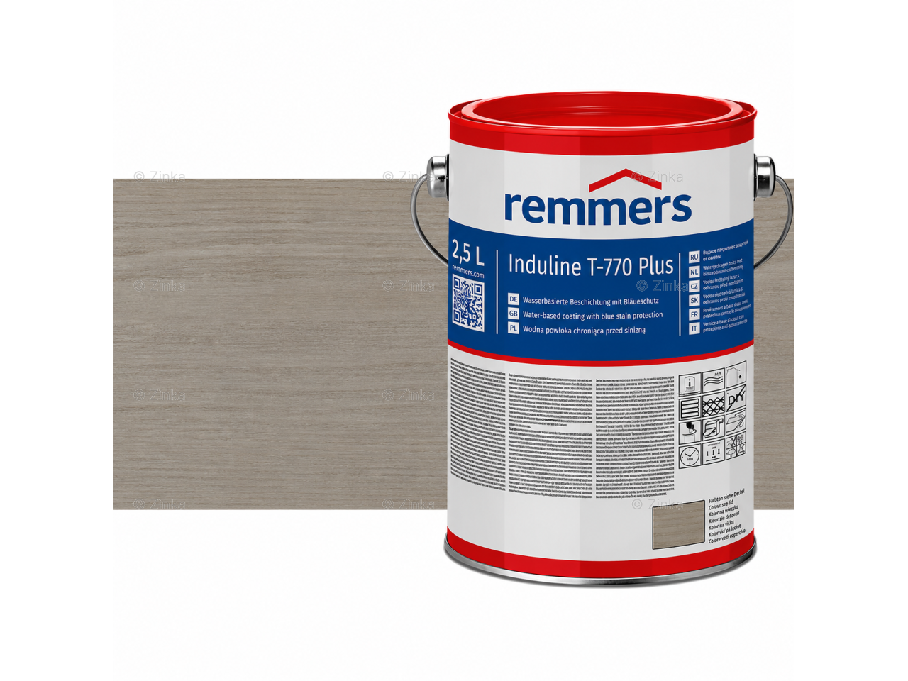 Verpakking Remmers Induline T-770 Plus zandgrijs – kleurloze houtcoating voor buitengebruik, verkrijgbaar bij Bouwbescherming Webshop