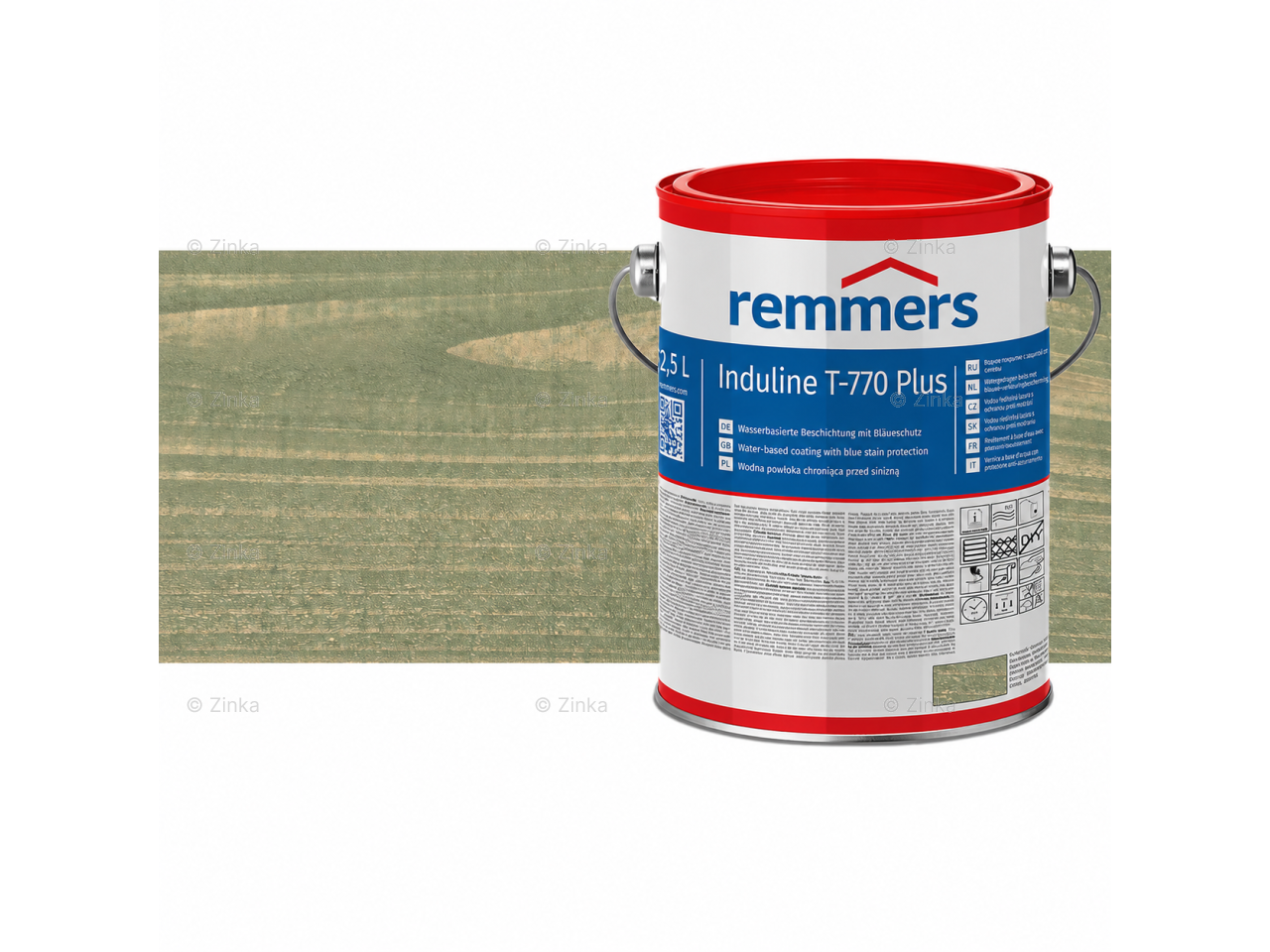 Verpakking Remmers Induline T-770 Plus zoutgroen– kleurloze houtcoating voor buitengebruik, verkrijgbaar bij Bouwbescherming Webshop