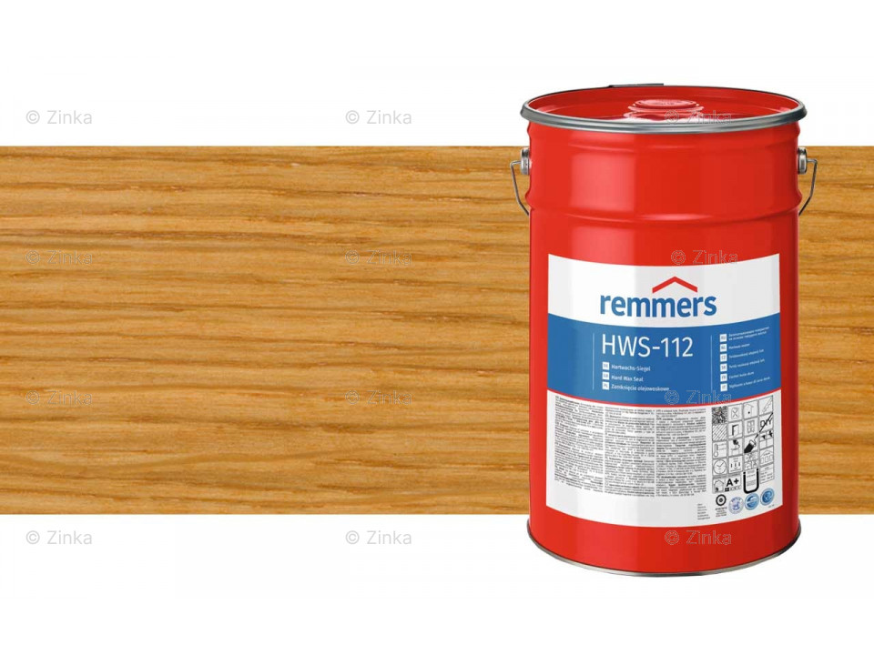 Close-up van Remmers HWS-112 Hardwax Sealer verpakking van 20 liter samen met kleursample Licht eiken