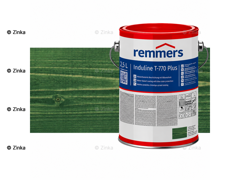 Verpakking Remmers Induline T-770 Plus dennengroen – kleurloze houtcoating voor buitengebruik, verkrijgbaar bij Bouwbescherming Webshop