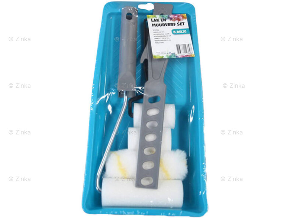 8-delige Lak- en Muurverfset met rollers, beugels, verfbak en roerstaaf voor professioneel schilderwerk