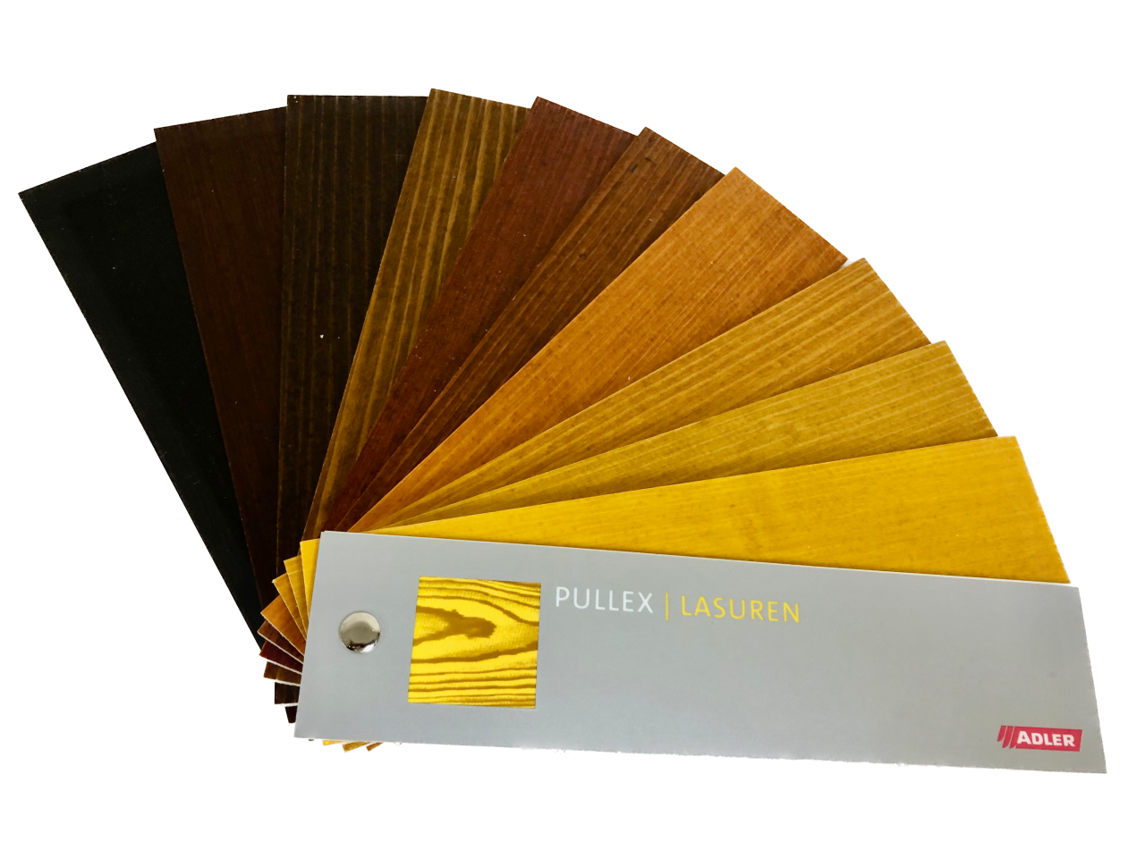 Kleurenwaaier van ADLER Pullex met overzicht van dekkende en semi-transparante houtkleuren