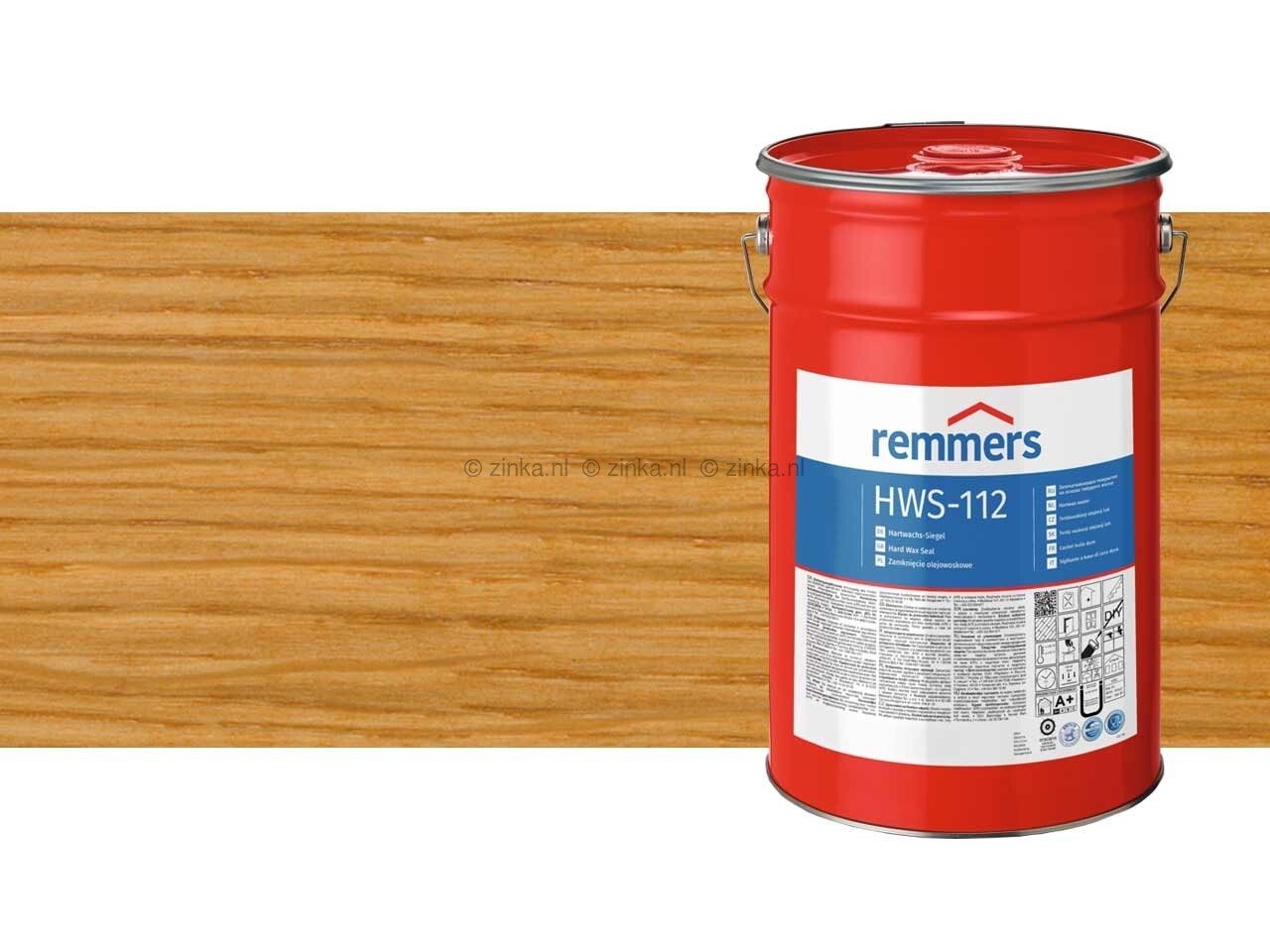 Close-up van Remmers HWS-112 Hardwax Sealer verpakking van 20 liter samen met kleursample Licht eiken