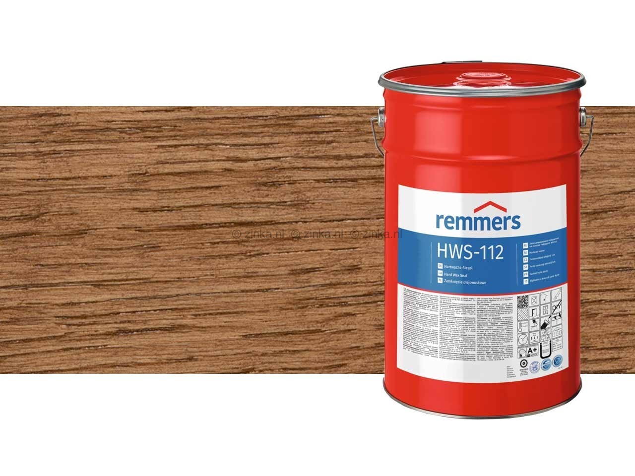 Close-up van Remmers HWS-112 Hardwax Sealer verpakking van 20 liter samen met een kleursample Noten 