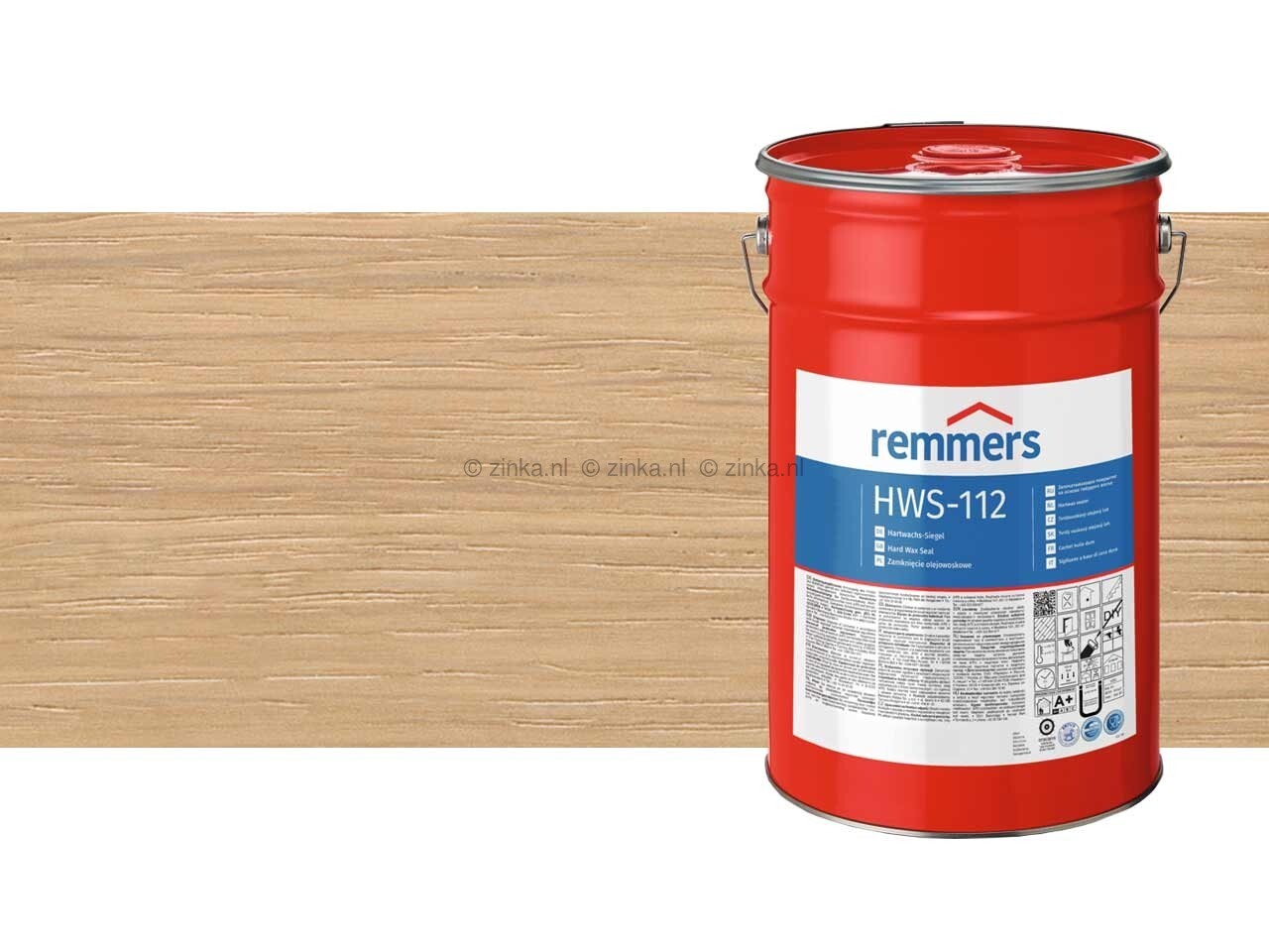 Close-up van Remmers HWS-112 Hardwax Sealer verpakking van 20 liter samen met een kleursample Wit