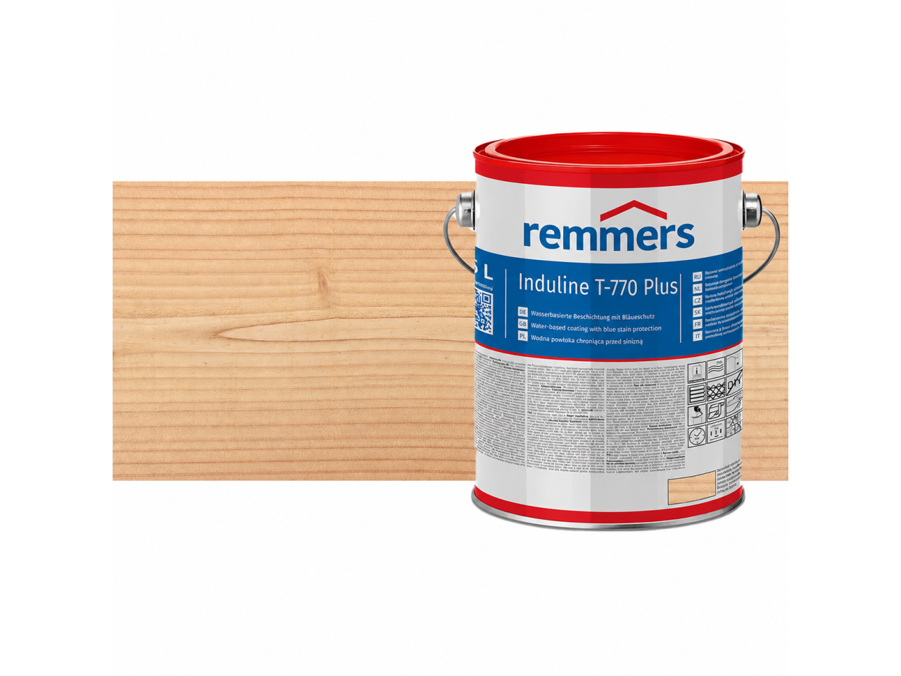Verpakking Remmers Induline T-770 Plus – kleurloze houtcoating voor buitengebruik, verkrijgbaar bij Bouwbescherming Webshop