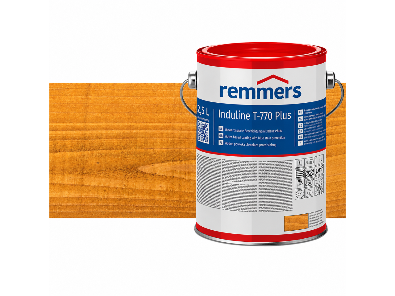 Verpakking Remmers Induline T-770 Plus licht eiken – kleurloze houtcoating voor buitengebruik, verkrijgbaar bij Bouwbescherming Webshop