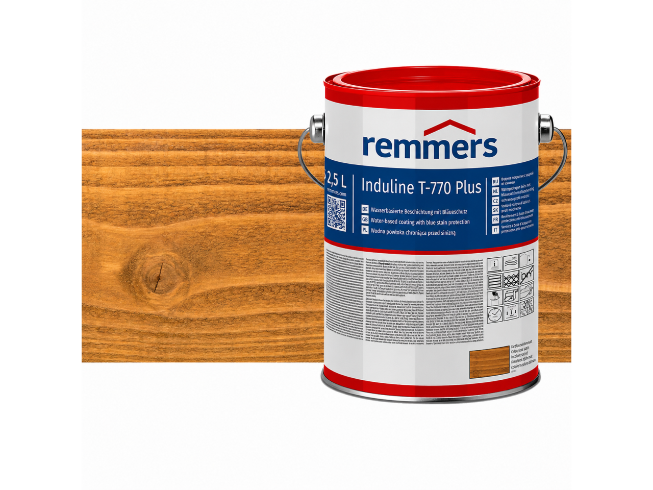 Verpakking Remmers Induline T-770 Plus rustiek eiken– kleurloze houtcoating voor buitengebruik, verkrijgbaar bij Bouwbescherming Webshop