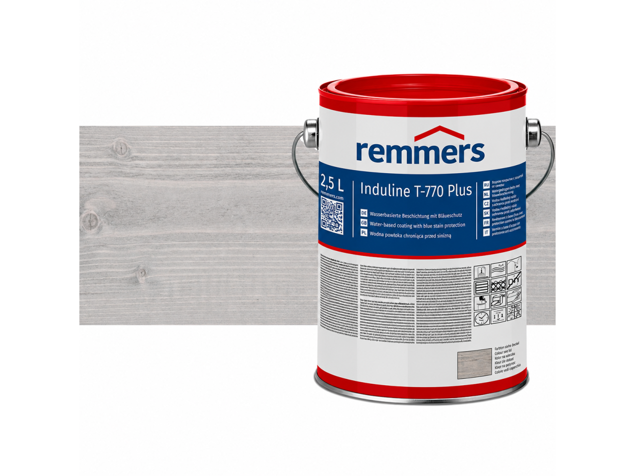 Verpakking Remmers Induline T-770 Plus toscanegrijs – kleurloze houtcoating voor buitengebruik, verkrijgbaar bij Bouwbescherming Webshop