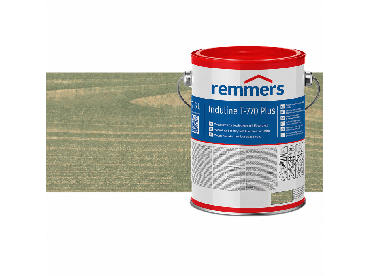 Verpakking Remmers Induline T-770 Plus zoutgroen– kleurloze houtcoating voor buitengebruik, verkrijgbaar bij Bouwbescherming Webshop