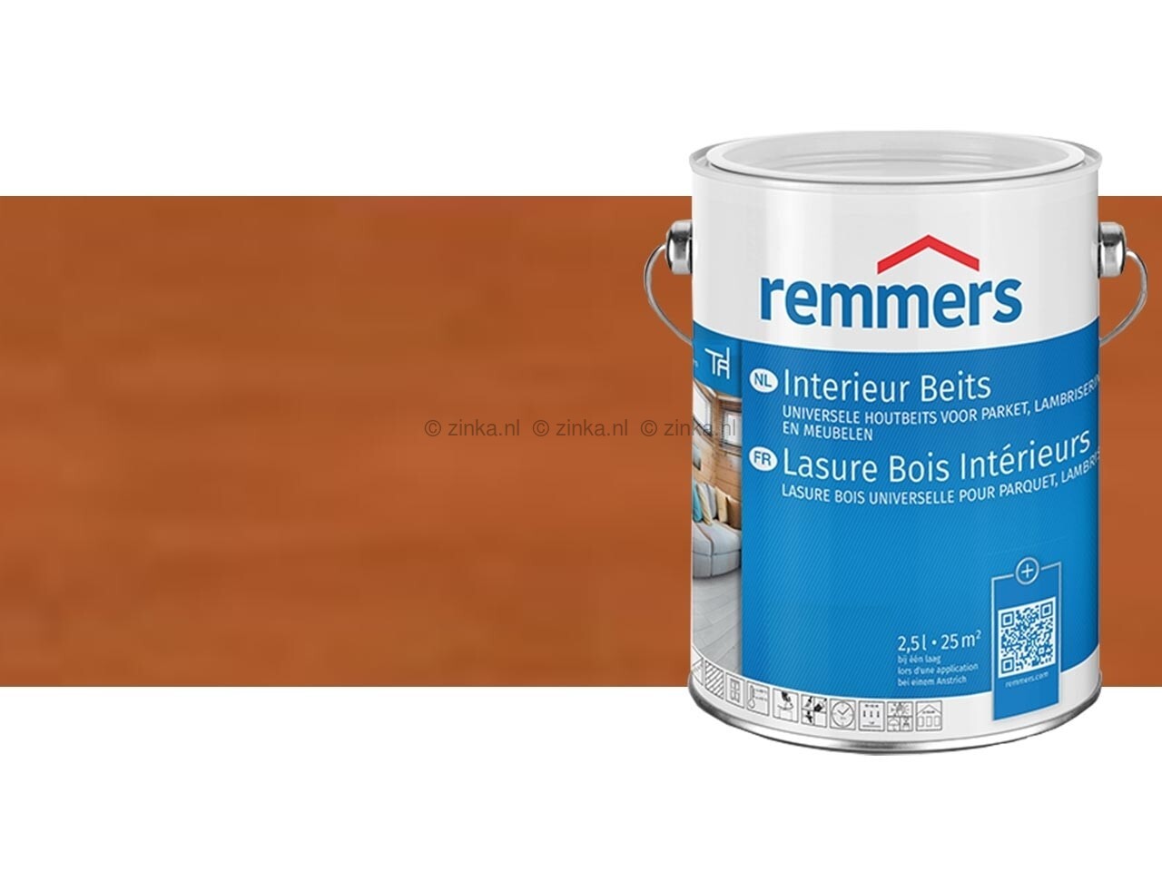 Proefstaal van Kersen Beits naast een 2,5 liter verpakking, geschikt voor het behandelen van houten meubels en oppervlakken binnenshuis.