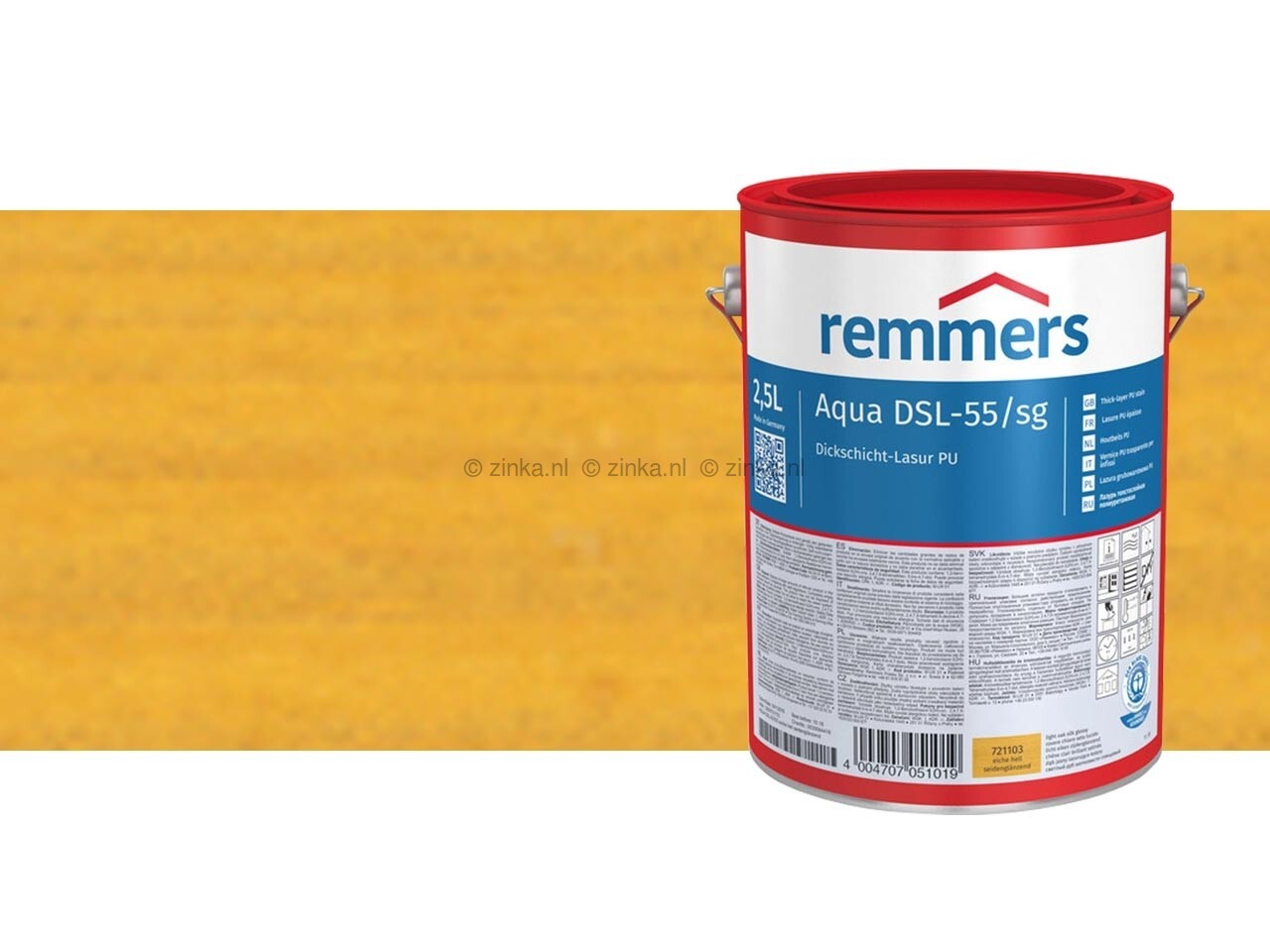 Verpakking van 2,5 liter Aqua DSL-55-PU Houtbeits Pine Lariks, ideaal voor het beschermen van houten buitenoppervlakken zoals kozijnen en deuren tegen weersinvloeden, UV-straling en vocht.