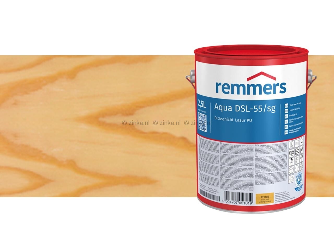 Verpakking van 2,5 liter Aqua DSL-55-PU Houtbeits, ideaal voor het beschermen van houten buitenoppervlakken zoals kozijnen en deuren tegen weersinvloeden, UV-straling en vocht.
