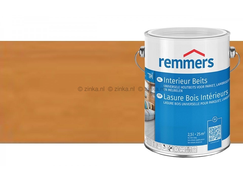 Proefstaal van Eiken Beits naast een 2,5 liter verpakking, geschikt voor het behandelen van houten meubels en oppervlakken binnenshuis.
