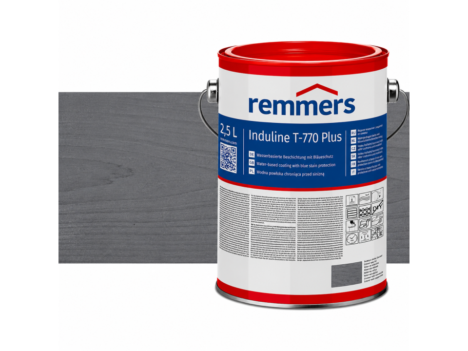 Verpakking Remmers Induline T-770 Plus antraciet – kleurloze houtcoating voor buitengebruik, verkrijgbaar bij Bouwbescherming Webshop