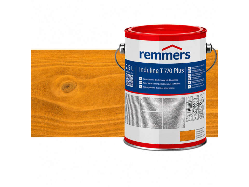 Verpakking Remmers Induline T-770 Plus grenen – kleurloze houtcoating voor buitengebruik, verkrijgbaar bij Bouwbescherming Webshop