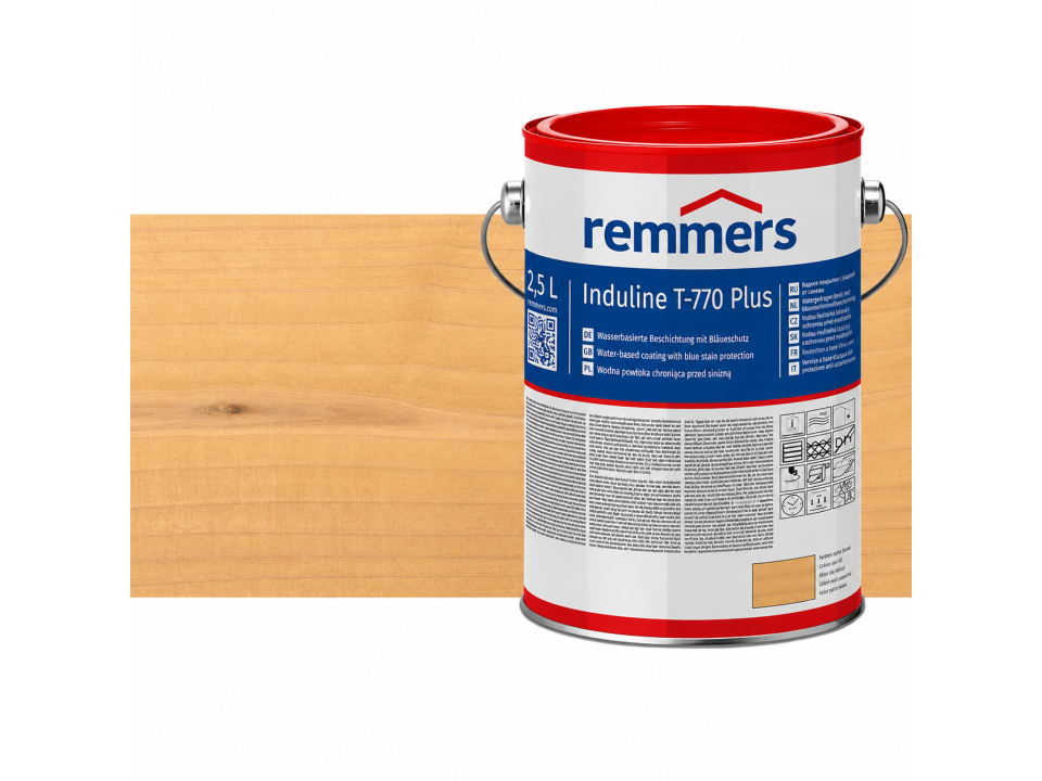 Verpakking Remmers Induline T-770 Plus hemlock – kleurloze houtcoating voor buitengebruik, verkrijgbaar bij Bouwbescherming Webshop