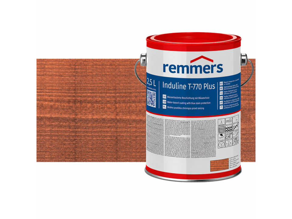 Verpakking Remmers Induline T-770 Plus kastanje – kleurloze houtcoating voor buitengebruik, verkrijgbaar bij Bouwbescherming Webshop