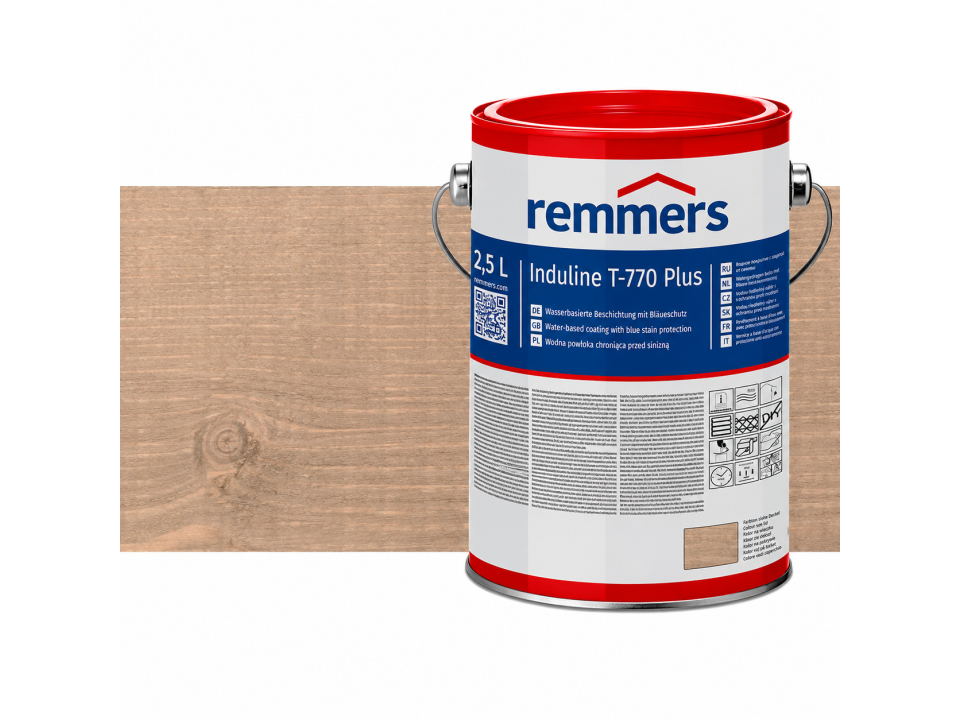 Verpakking Remmers Induline T-770 Plus leemgrijs – kleurloze houtcoating voor buitengebruik, verkrijgbaar bij Bouwbescherming Webshop