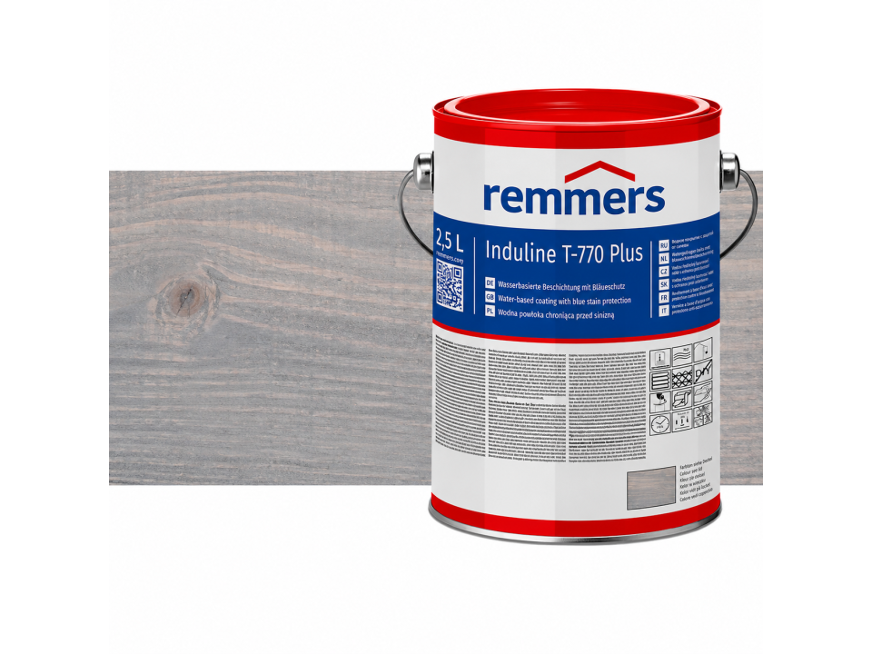 Verpakking Remmers Induline T-770 Plus platinagrijs– kleurloze houtcoating voor buitengebruik, verkrijgbaar bij Bouwbescherming Webshop