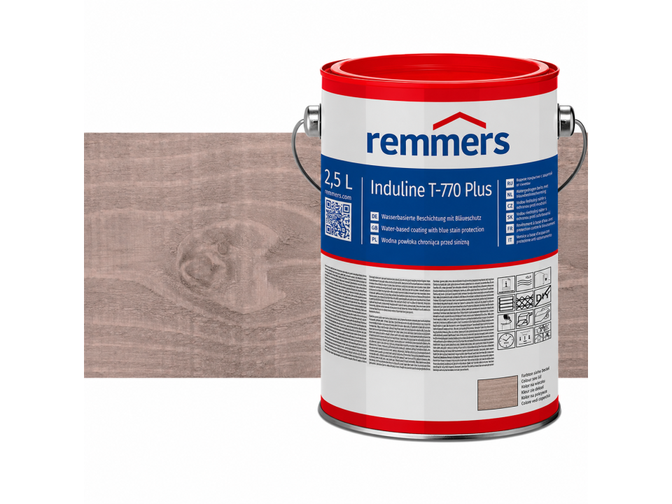 Verpakking Remmers Induline T-770 Plus toscanegrijs – kleurloze houtcoating voor buitengebruik, verkrijgbaar bij Bouwbescherming Webshop