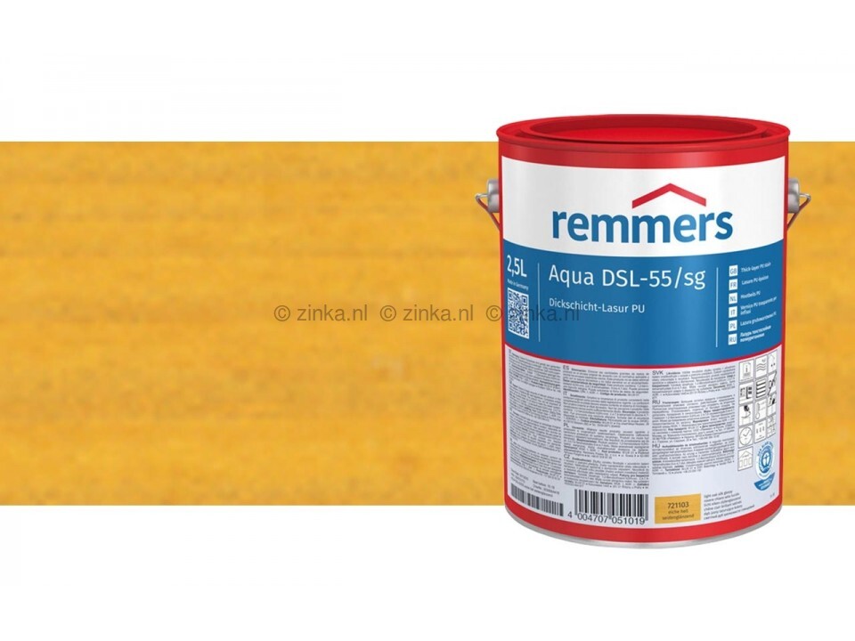 Verpakking van 2,5 liter Aqua DSL-55-PU Houtbeits Pine Lariks, ideaal voor het beschermen van houten buitenoppervlakken zoals kozijnen en deuren tegen weersinvloeden, UV-straling en vocht.