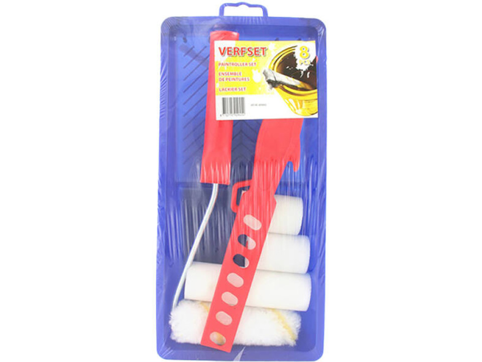 Verflakset 8-delig bestaande uit schuimrollers van 5 en 10 cm, een nylon verfroller, verfrolbeugel, zwarte verfbak en kunststof roerstaaf – complete schilderset voor lak, grondverf en muurverf.