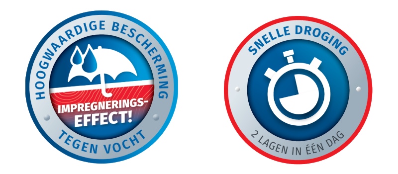 Voordelen van 3 in 1 beits: bescherming en snelle droging Twee badges die de voordelen van 3 in 1 beits tonen. De linkerbadge geeft aan dat het product een impregnerende werking heeft en beschermt tegen vocht. De rechterbadge benadrukt de snelle droging en de mogelijkheid om twee lagen in één dag aan te brengen.