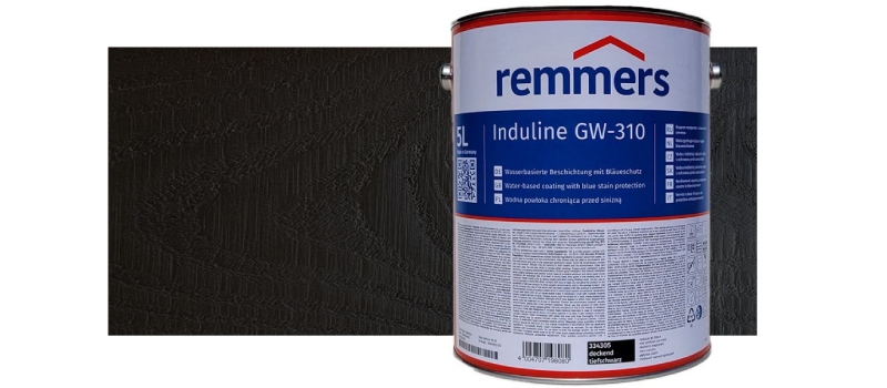 Zwarte douglas beits Een emmer Induline GW-310 diepzwart met op de achtergrond een plank gebeitst in deze kleur