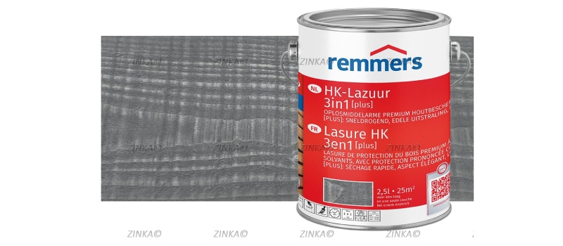 Remmers HK Lazuur 3in1 Plus blik met voorbeeld van houtafwerking in trendy vergrijsde tint.