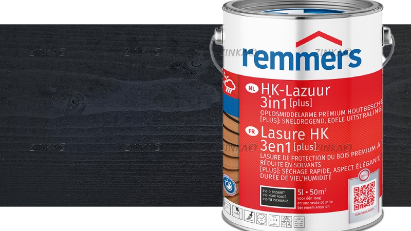 Een blik van Remmers HK Lazuur Plus 3 in 1 in de kleur zwart met op de achtergrond een plank die zwart geverfd is.